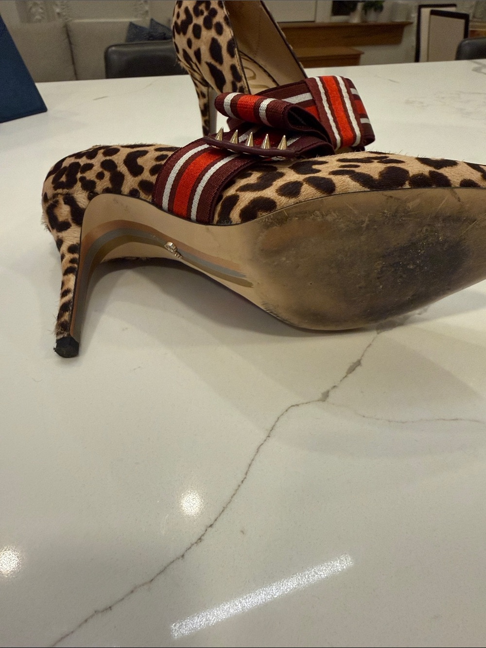 Sam Edelman Leopard Print Pointed Toe Pumps with Red Striped Bow Accent - Picture 2 of 3